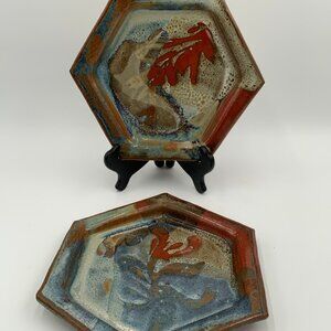 Set of 2 Signed Hexagon Blaisdell Pottery Plates Hand Painted Multicolor Glaze